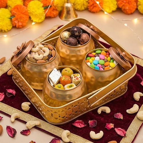 Image of Sanvatsar Square Shape Metal Basket with Jar Tray 4 Copper Flower Container Dry Fruits Chocolate Sweets Candys Gifts Set for Office, Home Decor Table Decoration Item (Pack of 4)