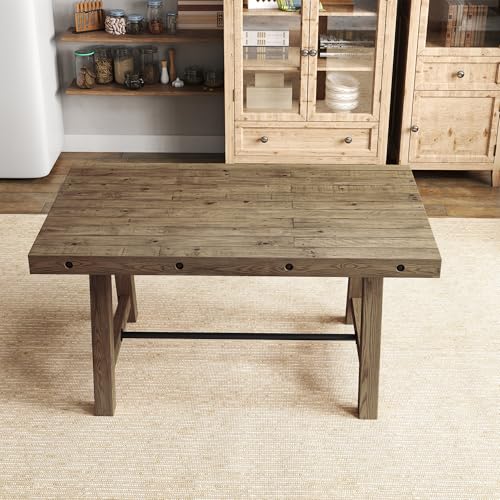 LZAREAL 59\" Farmhouse Dining Table for 4-6 Country Rustic Rectangular Solid Wood Dining Room Table for Kitchen Dining Room Restaurant Cafe, Brown Walnut Color
