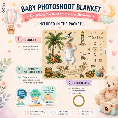 Image of Baby Monthly Milestone Photoshoot Blanket with Milestone Cards, Cotton, 115x95 cm, Animal Theme, 1-12 Months (Coconut Tree)
