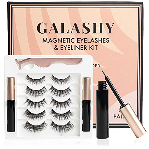 Galashy Magnetic Eyelashes With Eyeliner Kit - 5 Pairs Reusable False Lashes, 2 Bottles Magnetic Liner, Tweezer Applicator Tool