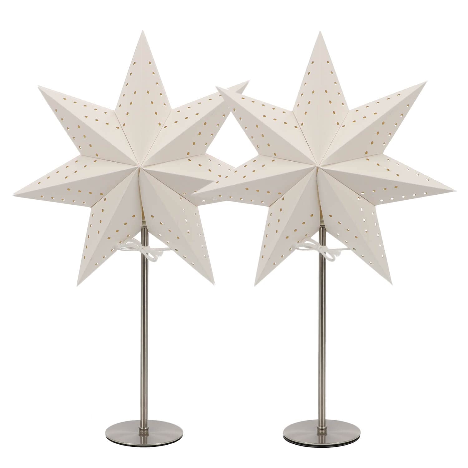 LED Universum - Papier Weihnachtsstern Tischleuchte Standstern weiß, Metallfuss, Dekostern mit Kabelschalter, E14 Fassung, 51cm Höhe (weiß, 2 Stück)