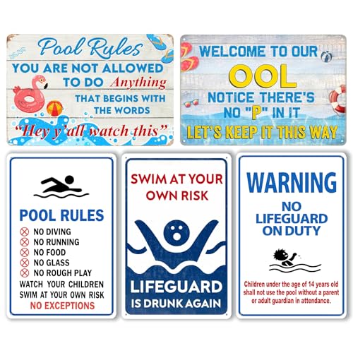 5-Pack Pool Signs Metal Tin Signs Funny Pool Rules Wall Decor Outdoor Swimming Pool Decorations for Backyard Deck Patio 12x8 Inch