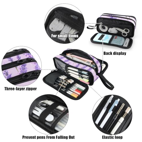Image of Fustylead Watercolor Vintage Lavender Flowers Pencil Pen Case with 3 Compartments, Lightweight & Spacious Stationery Bag Cosmetics Bag