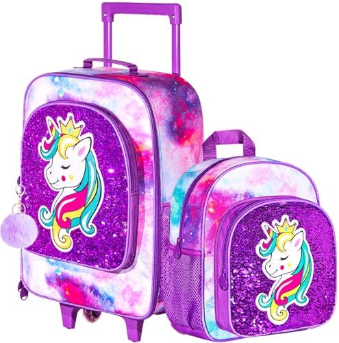 2PCS Girls Suitcase Set, 18" Kids Unicorn Carry on Luggage with W...