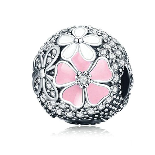 Pink Cherry Blossom CZ Clip 925 Sterling Silver Bead Love Heart Charm Clip Charm Lock Stopper Charm Spacer Charm for Pandora Charms Bracelet (Pink Cherry Blossom Charms)
