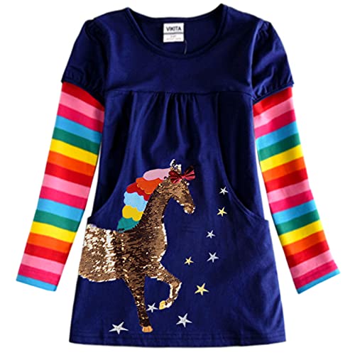 DXTON Mädchen Kleider Langarm Kleid 100% Baumwolle Süße Kinderkleidung Winter Geschenk BlauLH5806 10T Cover