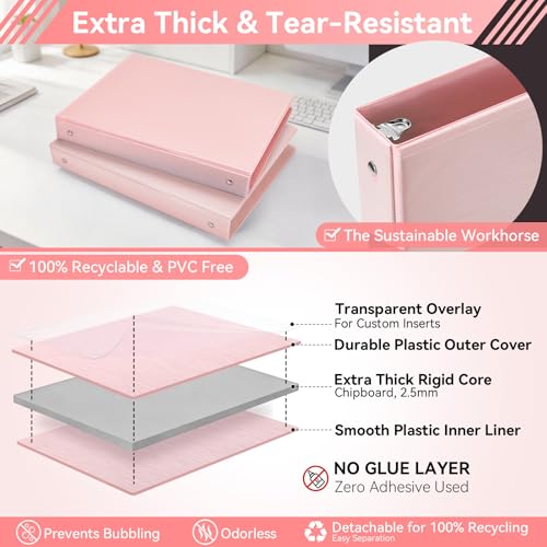 Image of SUIN 1 Inch 3 Ring Binder, Clear 1'' View Presentation Binders with 2 Pockets, Fits 8.5 x 11 Letter Size, Durable Polypropylene, Non-Stick & PVC-Free for School, Office & Home (Brushed Pink)