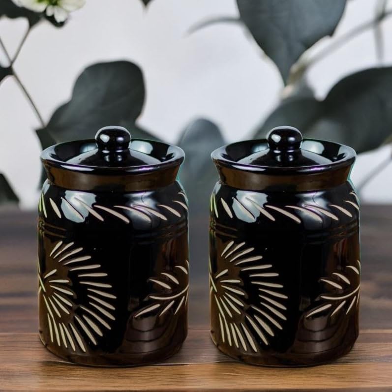 Image of Ceramic Pickle Jar Floral Cutting(Set of 2) | Black Achaar Container | Kitchen Storage Containers for Pickles & Spices | Ceramic Jars for Kitchen Storage | 1 kg Achaar Martban | Salt Container