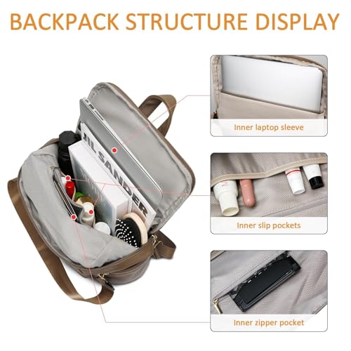 Image of KKXIU Backpack Purse for Women - Multi-pocket Leather backpack for Travel, Work & School with Anti-Theft Lock Pocket, Luggage Strap & Water Bottle Pockets - 13x14x5.2 Inch, 1.67lb (Khaki)
