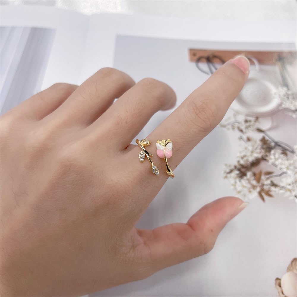 NewZenro Dainty CZ Tulip Flower Leaf Adjustable Open Ring for Women 14 Gold Plated Cute Crystal Enamel Floral Statement Stackable Finger Wrap Band Rings Comfort Fit Anniversary Wedding Jewelry - Image 5