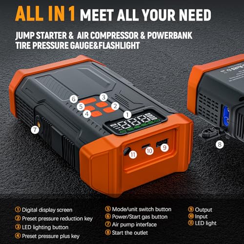 Image of 5000A Jump Starter with Air Compressor,Car Jumper Starter Portable with 150PSI Tire Inflator 12V Jump Box with LCD Display,Flashlight,Storage Case (Up 9L Gas /8L Diesel Engine(Orange