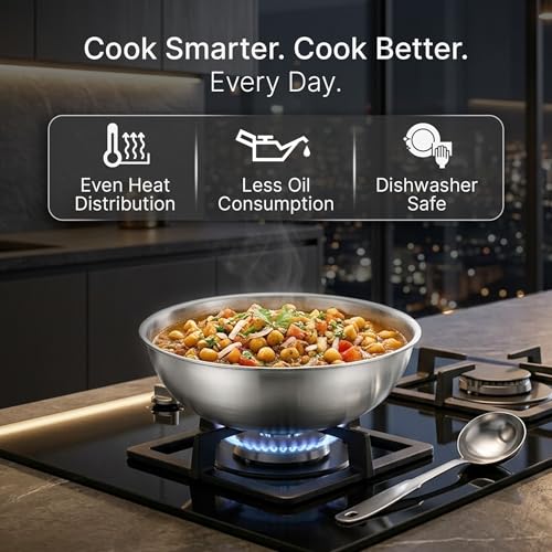 Image of AGARO Regency 24 cm Triply Stainless Steel Tasla with Lid, 2.7L, Induction & Gas Compatible, Even Heat, Non-Toxic, no Chemical Coating, Dishwasher Safe cookware for Kitchen-Ideal for Curry & Frying