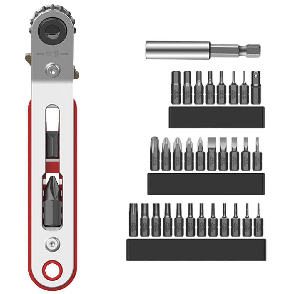 Mini Ratchet Screwdriver Set Magnetic Offset Screwdriver 1/4 Inch Hex Screwdriver Bit Drive Ratchet Wrench with 33 Pcs Hex Bit