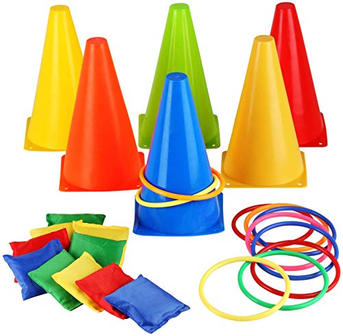 Eocolz 3 in 1 Carnival Games Set, Soft Plastic Cones Bean Bags Ring