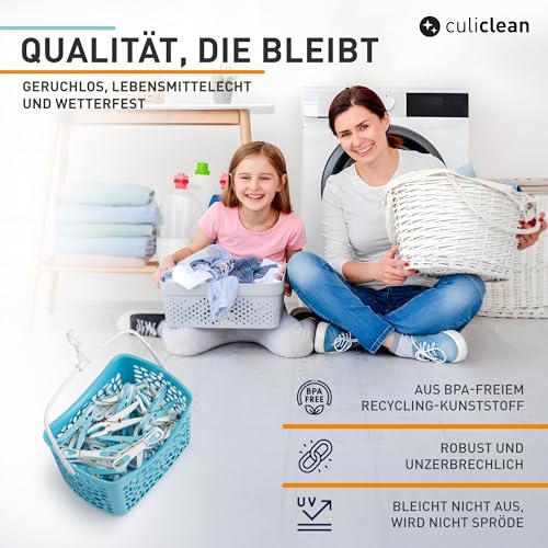 culiclean Wäscheklammern mit Korb – stabile Wäscheklammern mit Klammerkorb – Wäscheklammern mit Beutel – Soft Clips ohne Abdruck – 48 Stück – Ecoline blau-Weiss mit Korb blau
