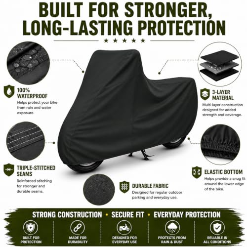 Image of Pivalo 100% Waterproof (Tested) Bike Body Cover for All Sports Bikes & Upto RE 350 Size | Dustproof, Windproof & UV Protected | All Weather Protection Two Wheeler Motorcycle Cover (XL, Black)