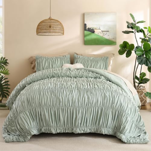 Image of weigelia Ruched Comforter Set Full Size, 3 Piece Sage Green Ruffle Bedding Comforter Set with 2 Pillowcases, Soft Lightweight Polyester Comforter for Girls Room, Dorm, Guest Room, Boho Bed Set