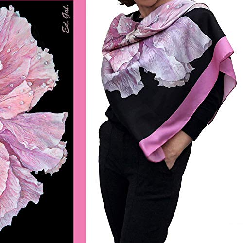 Large Square Silk Scarf, Black Shawl with Pink Flower, Mother, Women Gift3