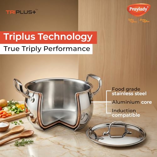 Image of Praylady Triplus+ Pro Belly Triply Handi | 18 cm 2.8 L | Belly Shape Cook & Serve Casserole | Induction Gas Ready | Biryani Rice Dal Curry Pot | Stock Pot | Stainless Steel Lid | Less Oil | Even Heat
