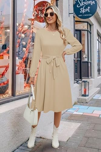 Image of Newshows Womens Long Sleeve Casual Dresses 2025 Business Work Teacher Fall Church Belted A Line Flowy Midi Dress