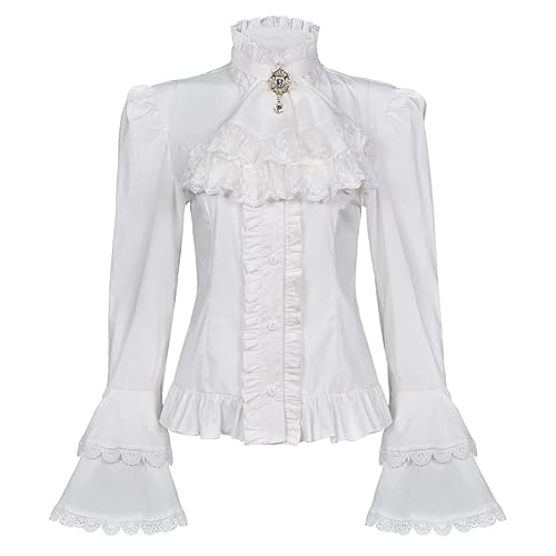 Victorian Blouse Womens Gothic Lolita Shirt Vintage Long Sleeve Lotus Ruffle Tops - Small - White