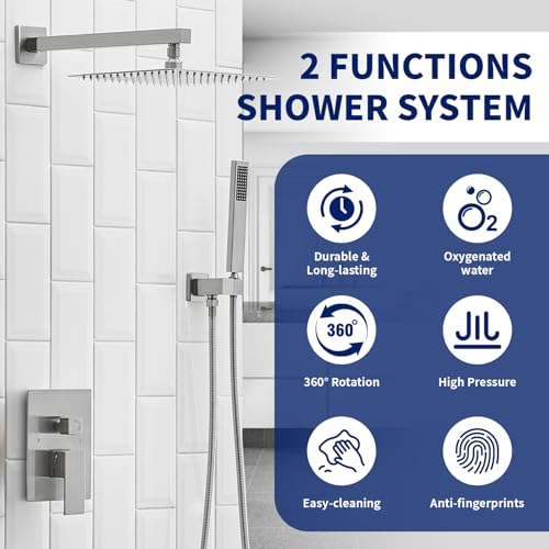 Sistema de ducha para baño BWE de 10 pulgadas, montado en pared, acabado níquel cepillado, con cabeza de ducha lluvia y mano, válvula equilibradora de presión, placa escocesa, para hotel y centro de baño miniatura 2