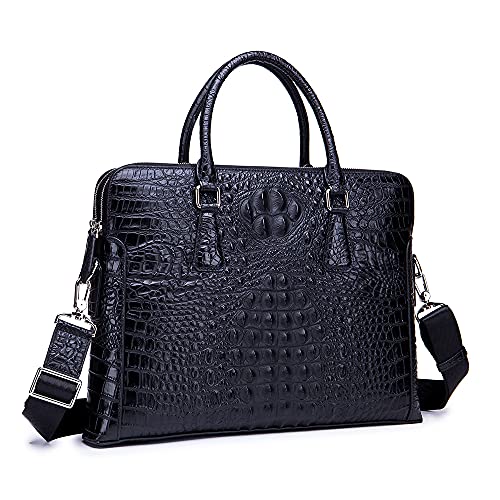 Mens Crocodile Pattern Genuine Leather Business Shoulder Briefcase Large Capacity Computer Handbag Crossbody Messenger Bags, Black, L, Briefcase
