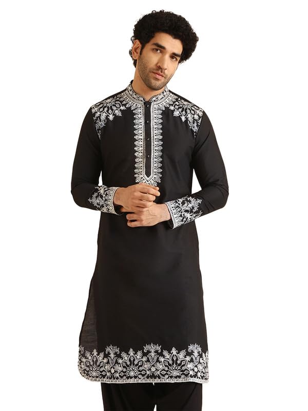 Kisah Men's Kurta, Black Cotton Blend, Embroidered Mandarin Collar Regular Fit Long Sleeves (42)