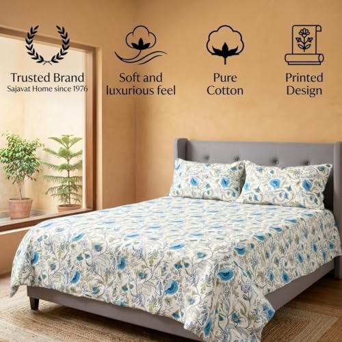 Image of SAJAVAT HOME Pure Cotton King Size Bedsheet with 2 Pillow Covers | Beige Floral Anokhi Print Double Bed Sheet | Soft, Breathable & Comfortable Bedding Set | 96 x 104 Inches | Pack of 1