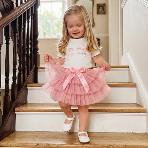 Image of Kayotuas Toddler Girl Summer Clothes Big Sister Outfit Letter Short Sleeve T-shirt Layered Tutu Skirt Set Cute Birthday Dress