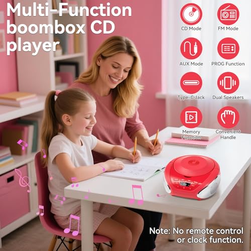 Reproductor de CD portátil Gueray Boombox con radio FM y entrada AUX color rojo 2