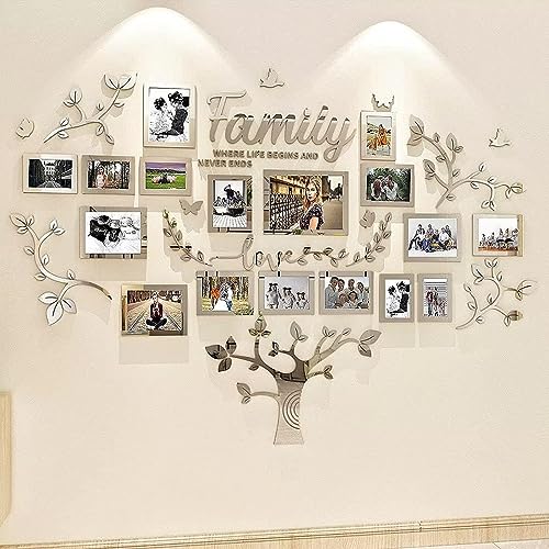 Family Tree Photo Frame Stickers for Wall DIY 3D Tree Wall Stickers Living Room Tree Wall Sticker Tree of Life Wall Art for Living Room Wall Decorations for Bedrooms (207x146cm, Silver)