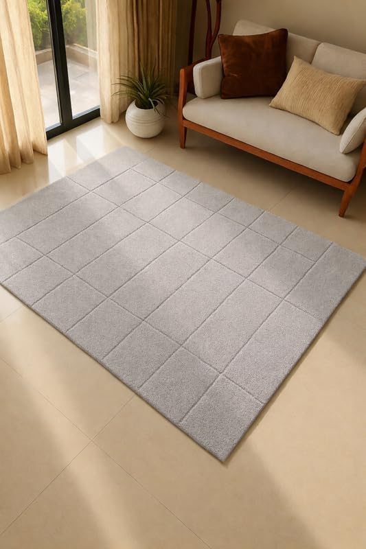Hand-Tufted Wool Area Rug – Contemporary Geometric Grid Design, Elegant Rugs for Living Room, Bedroom, Dining Space & Entryway 8 x 12 Feet Light Grey