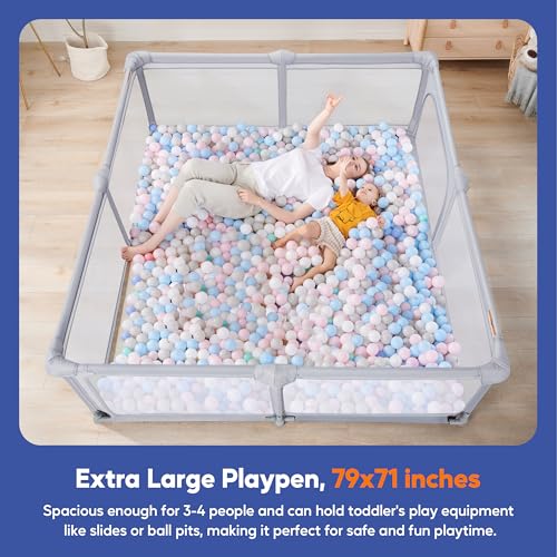 Image of Sweeby Baby Playpen, 79x71 Inch Foldable Playpens for Babies and Toddlers with Gate, Extra Large Playpen with Door Play Yard for Baby Fence Indoor and Outdoor Portable Play Pen,Gray
