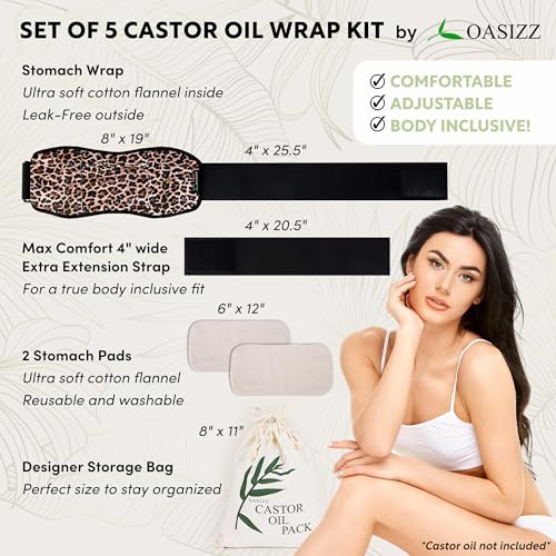 5-Pack Ultra-Soft Cotton Flannel Castor Oil Stomach Wrap, Premium Comfort, Leak-Resistant & Adjustable Fit, Reusable, Mess-Free Detox & Relaxation Kit with Extra Pads & Storage Bag - Unique Design