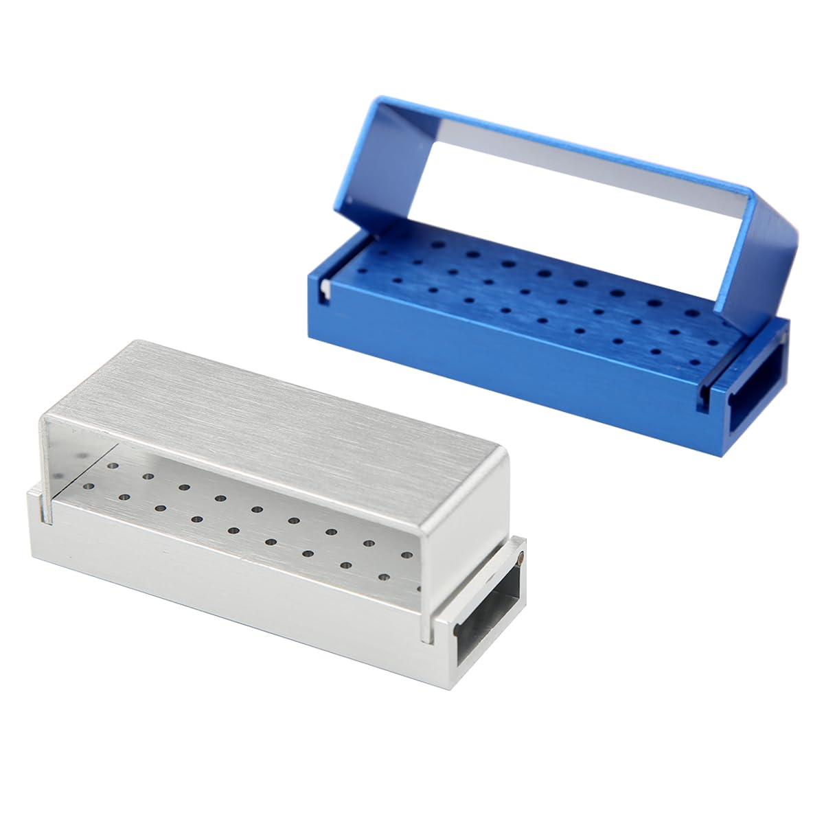 Dental Burs Holder Block Case 30 Holes 2Pcs Disinfection Diamond Burs Aluminium Autoclavable Opening Box for Laboratory Clinics（Sliver and Blue）