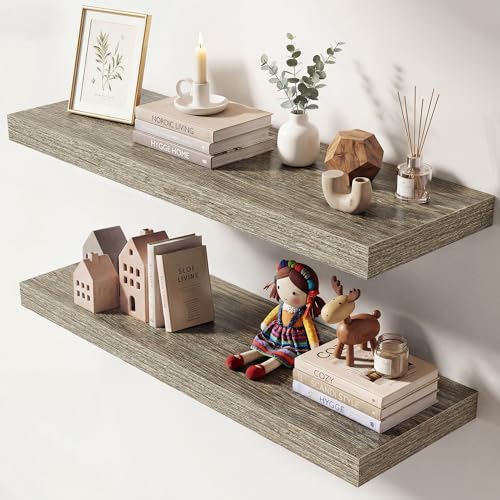 Image of Dreamland 30 Inches Floating Shelves for Wall, 9.3 inch Deep Long Floating Shelves Set of 2, Large Display & Storage Shelf, Wall Shelf for Bathroom Bedroom Living Room Kitchen Office, Grey