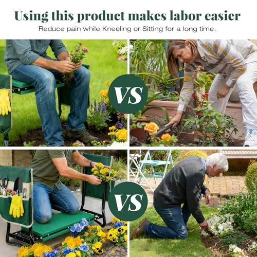 Rodilleras y asiento de jardín mejorado con almohadilla suave gruesa y ampliada, banco de jardinería resistente y asiento plegable con 2 bolsas de herramientas, regalos para mujeres, personas mayores