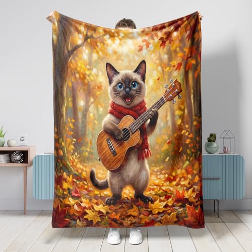 Manta de otoño con diseño de gatos siameses de 40 x 50 pulgadas, manta de franela mullida y esponjosa para sofá, viajes, decoración de otoño para el hogar