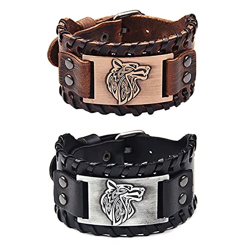 TURTLEDOVE 2 PCS Viking Wolf Leather Bracelet - Norse Viking Runes Amulet