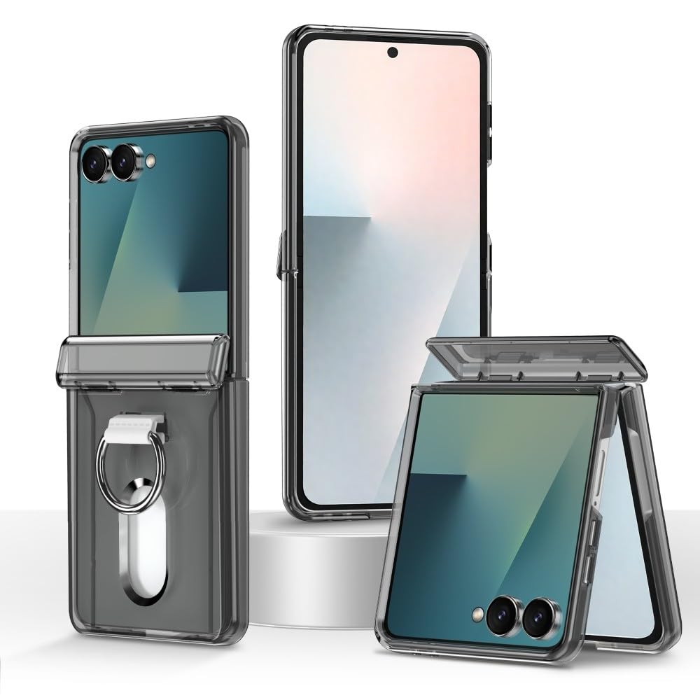 Generic Custodia Compatibile con Samsung Galaxy Z Flip 7 5G (Colore: Nero Trasparente) Antiurto Custodia Slot Schede Porta Anello Cover