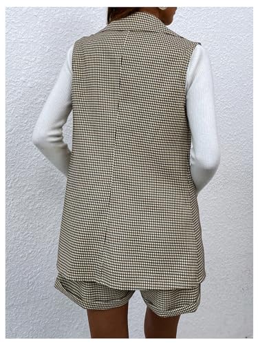 MakeMeChic Women's 2 Piece Outfit Gingham Print Lapel Neck Button Front Blazer Vest and Shorts Business Suit Set2