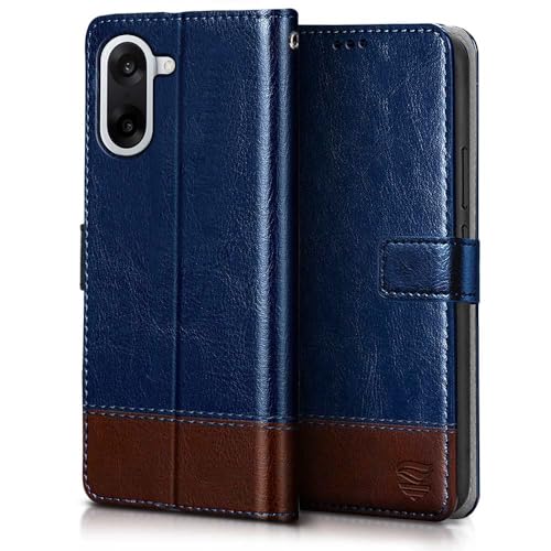 Image of FLIPPED Vegan Leather Flip Case Back Cover for 1+ OnePlus Nord CE 5 5G (Flexible, Shock Proof | Hand Stitched Leather Finish | Card Pockets Wallet & Stand | Blue with Brown)