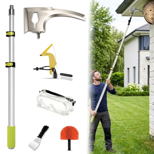 6-in-1 Wasp Nest Removal Tool Set with 113 In Aluminum Telescopic Pole3Edged BladeSpray Can Extension Pole AdaptorScraperCleaner Brush & Safety Goggles for Eradicating Bee Nests and Bird Nests