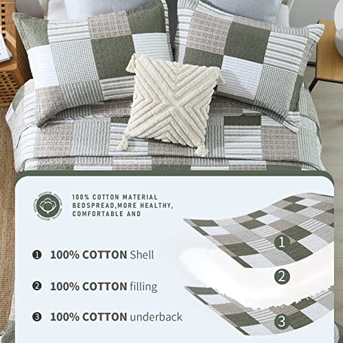Image of Finlonte Quilts Queen Size - 100% Cotton Queen Comforter Set Green Moonbeam White Plaid Farmhouse Quilt Bedding Set, Reversible Lightweight Soft Bedspread, Quilted Coverlet All-Season, 3-Piece