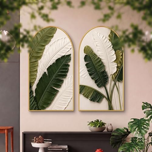 Image of Livin'luxe Set of 2 Tropical Leaf Wall Painting for Living Room, Green Botanical Modern Artwork, PVC Golden Frame, Arch Shape Wall Decor for Bedroom, Hall, Office & Gift (30 x 32 Inch) RPNL-02-115