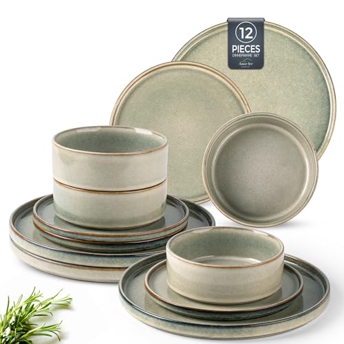 Image of AmorArc Ceramic Dinnerware Sets, Handmade Reactive Glaze Stoneware Plates and Bowls Sets,Highly Chip and Crack Resistant | Dishwasher & Microwave Safe Dishes Set, Service for 4 (12pc)