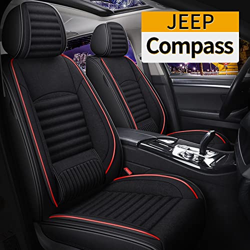 TTX LIGHTING Car Seat Covers Custom Fit for 2007-2021 Jeep Compass, Auto Full Set Seat Cushion Protector Waterproof Leather&Linen Vehicle Cushion Cover Compatible with Airbag(Red&Black)