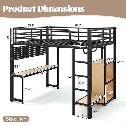 Image of Bellemave Full Size Loft Bed with Desk,with USB Ports, Lights, and Hanging Rod, Cave Board Design, Metal Full Loft Bed Frame for Adults, Kids, Teens, Black