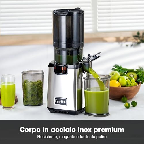 Fretta Juicer Slow Juicer, spremiagrumi in acciaio inox, Vincitore del test per frutta e verdura, apertura 135 mm e spremiagrumi da 1,8 l, con funzione inversa, facile da installare, 100% senza BPA - immagine 6